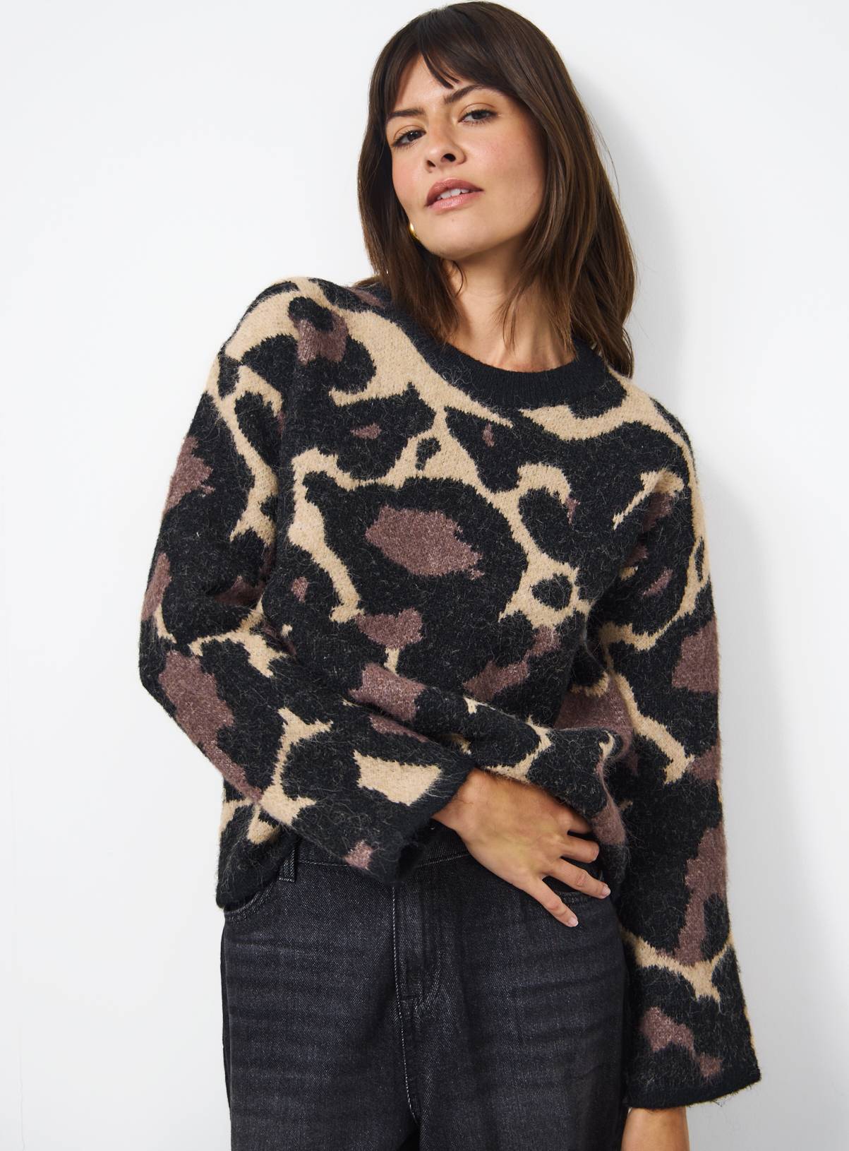 Brown Animal Print Brushed Knit Jumper M - Image 1